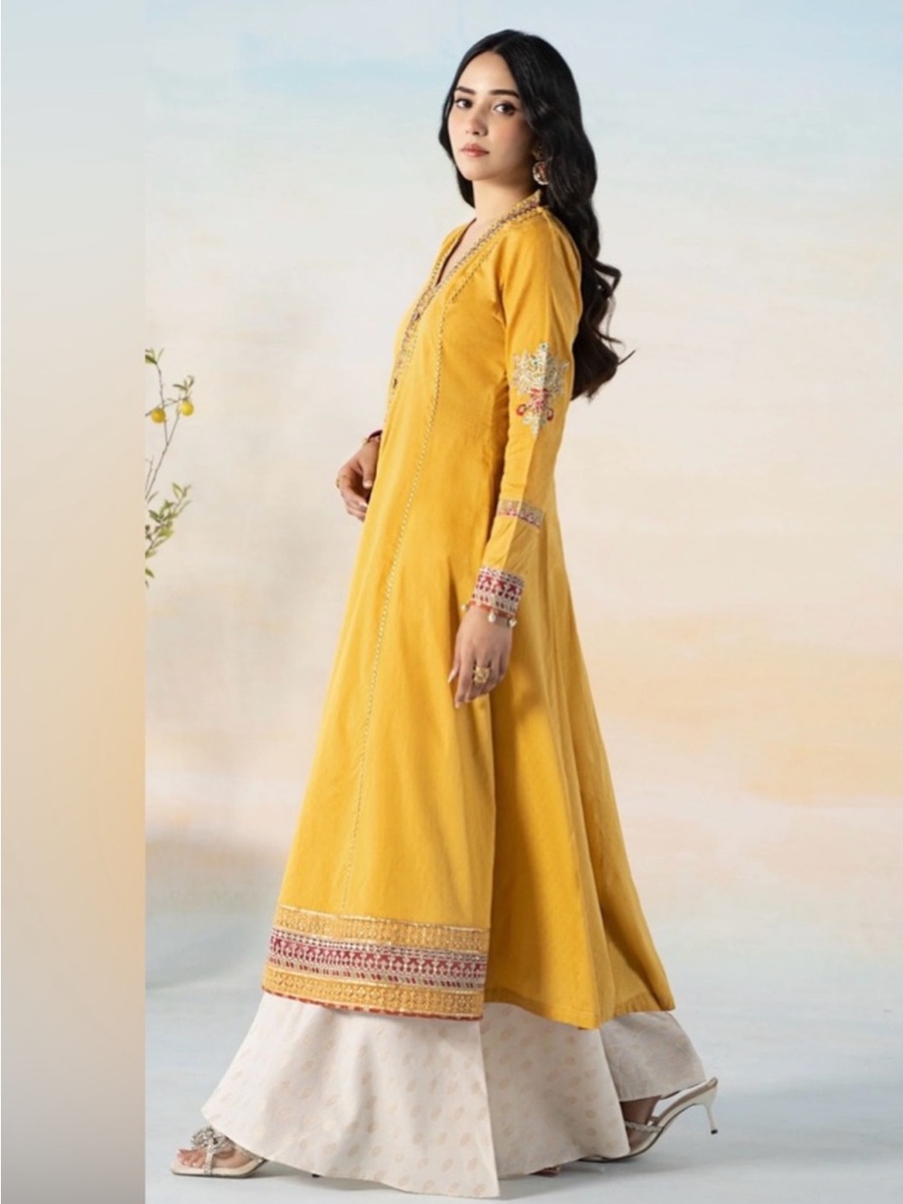 Maria B Yellow Embroidered Long Kurta with Ivory Sharara